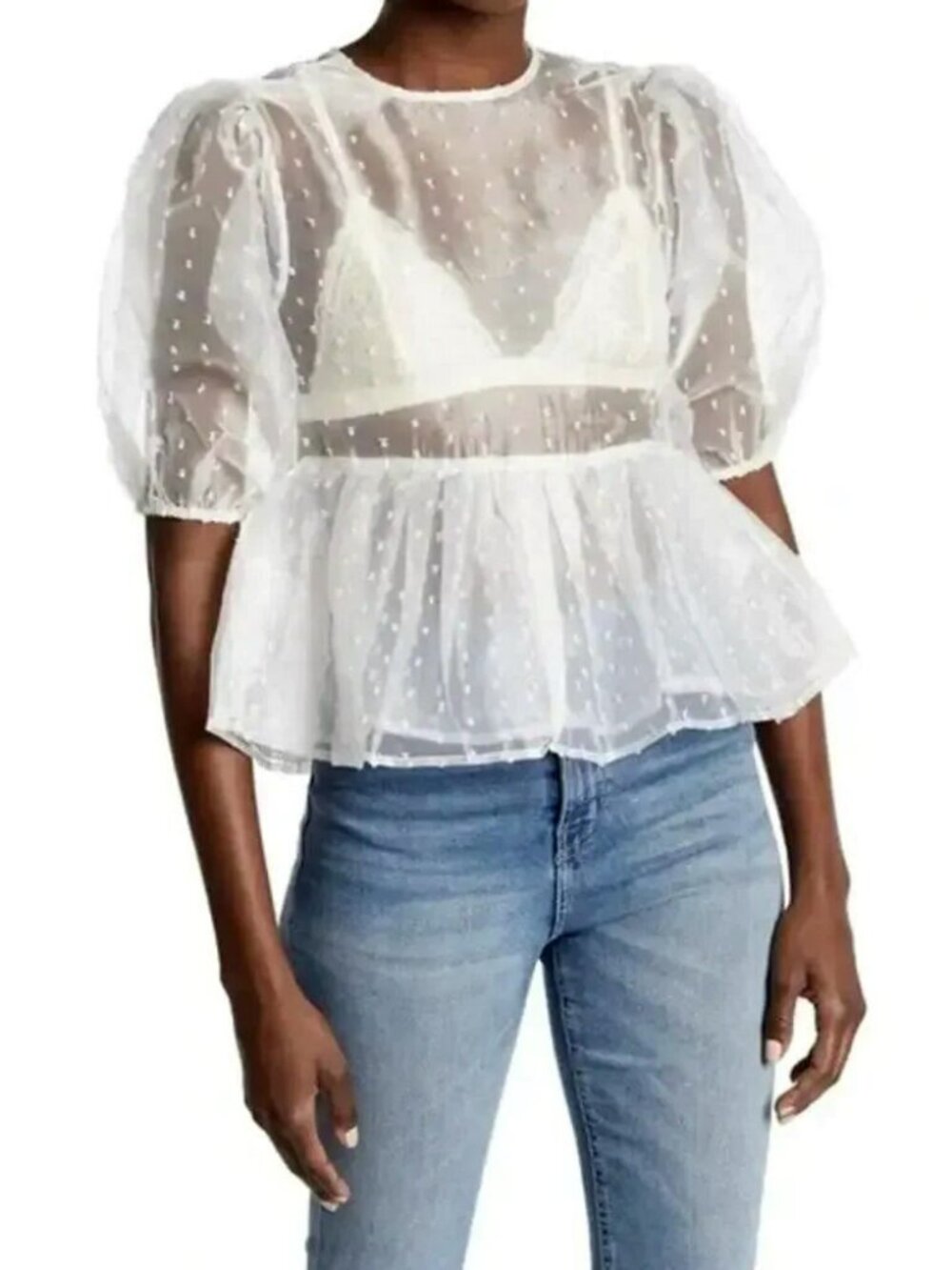 TOPSHOP SHEER DOTS ORGANZA PEPLUM BLOUSE SZ 8
